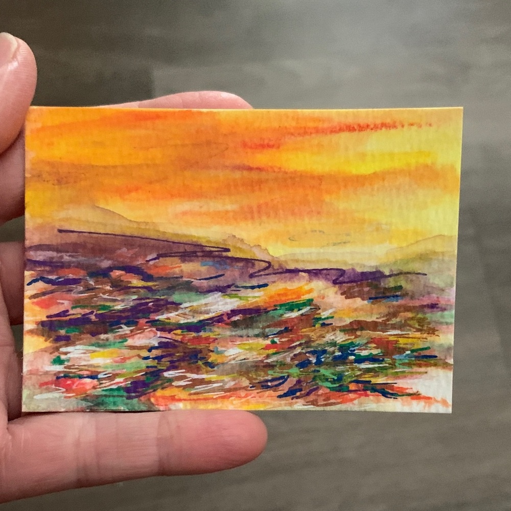 ACEO Original Art Abstract Sunset Watercolor Art - Orange and Multicolor
